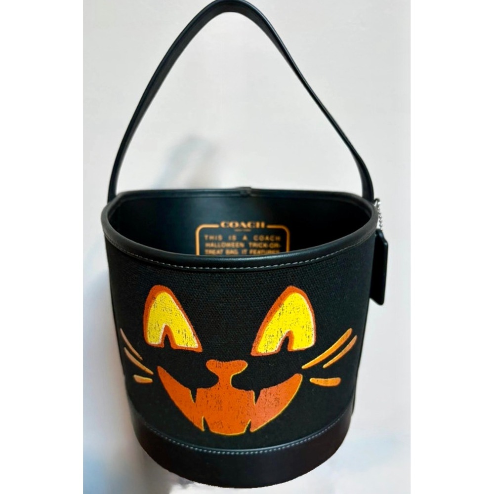 Coach Halloween Trick or Treat Bucket Bag Black Cat Canvas Leather NWOT - Picture 2 of 7